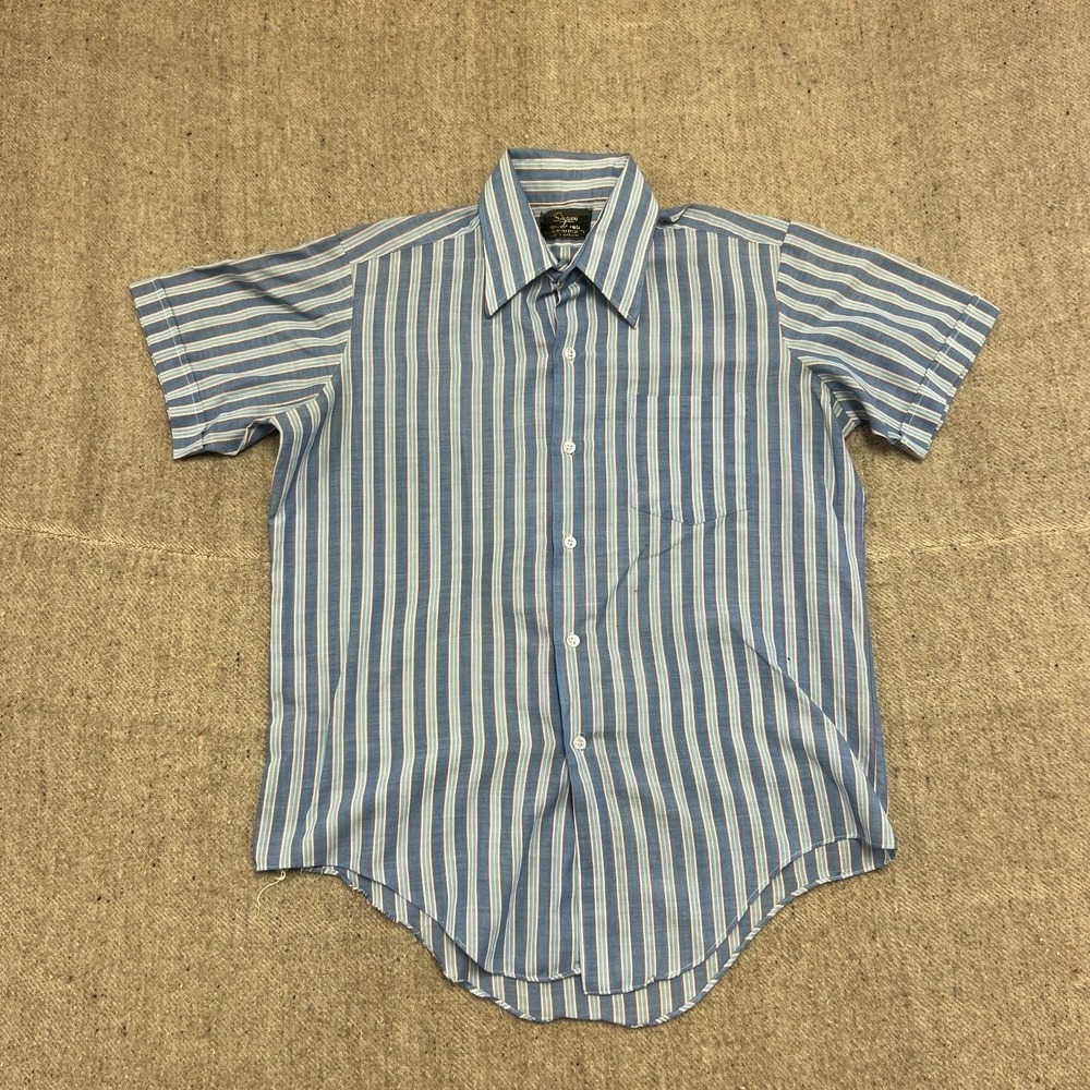 Vintage Sears Button Up Shirt Mens Large Blue 1970s Striped Short Sleeve